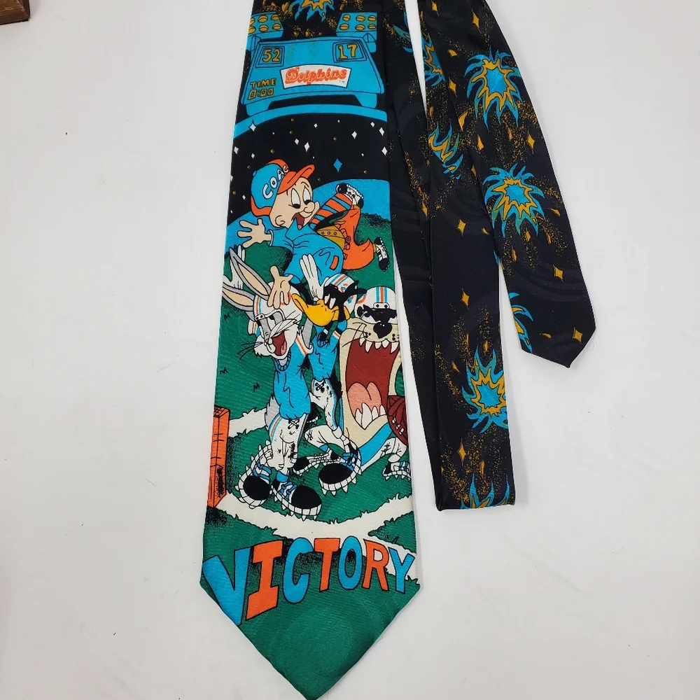Vintage 1993 Loonie Tunes NFL Dolphins Silk Tie EUC